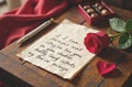 Romantic note with red rose, chocolates, and pen on wooden table. Royalty Free Stock Photo