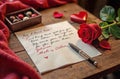 Romantic note with red rose, chocolates, and pen on wooden table. Royalty Free Stock Photo