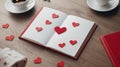 Romantic Notebook with Red Hearts & Coffee Royalty Free Stock Photo