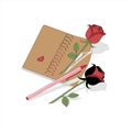 Romantic Notebook With Roses and Pen on White Background Royalty Free Stock Photo