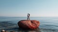 Romantic Oasis, Couples on a Heart Shaped Rock in the Midst of the Sea, a Symbol of Everlasting Love