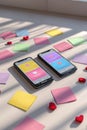 Romantic online dating concept with smartphones and colorful post-it notes Royalty Free Stock Photo