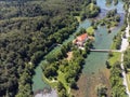 Romantic Otocec Castle on Krka River in Slovenia. Drone View.