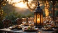 Romantic Outdoor Dinner at Sunset with Lantern Light Royalty Free Stock Photo