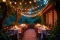 Romantic outdoor evening dinner party under string lights on a wooden deck. Generative AI Royalty Free Stock Photo