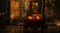 Romantic Dinner Table Setting with Candles and String Lights Royalty Free Stock Photo