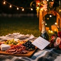 Romantic outdoor picnic with champagne and charcuterie board under string lights Royalty Free Stock Photo
