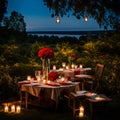 a romantic outdoor setting with a candlelit table