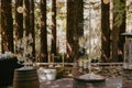 wedding reception at a foresty venue with wooden barrels and lights Royalty Free Stock Photo