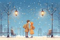 romantic pair by street lamps with falling snowflakes