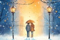 romantic pair by street lamps with falling snowflakes