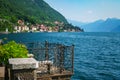 Romantic panoramic view of the terrace overlooking Lake Como and Bellagio town in the background, Italy. Royalty Free Stock Photo