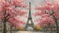 Romantic Paris Scene with Cherry Blossoms and Eiffel Tower View Royalty Free Stock Photo