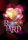 Romantic party poster, golden headline text and pink mosaic hearts