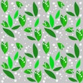 Romantic pattern of lilies of the valley in the forest. Leaves of different shades of green and white bluebells of flowers on gray