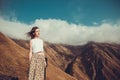 Romantic peaceful dreamy woman with closed eyes and hair wind enjoying harmony with nature. Inner peace. Happy dreamer, inspiratio Royalty Free Stock Photo