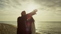 Romantic people loving sea beach landscape. Couple looking sunset water nature.