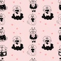 Romantic pet seamless pattern. Cute enamored dogs with hearts on light pink background. Vector illustration in doodle