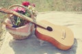 Romantic photo guitar, basket with wine, bouquet flowers on plaid. Romance, love, date, Valentines day