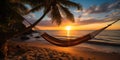 Romantic photo of hammock against the backdrop of a sunset on the ocean. Generative AI