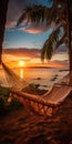 Romantic photo of hammock against the backdrop of a sunset on the ocean. Generative AI