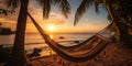 Romantic photo of hammock against the backdrop of a sunset on the ocean. Generative AI