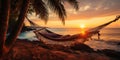 Romantic photo of hammock against the backdrop of a sunset on the ocean. Generative AI