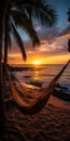 Romantic photo of hammock against the backdrop of a sunset on the ocean. Generative AI