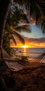 Romantic photo of hammock against the backdrop of a sunset on the ocean. Generative AI