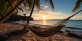 Romantic photo of hammock against the backdrop of a sunset on the ocean. Generative AI