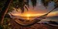 Romantic photo of hammock against the backdrop of a sunset on the ocean. Generative AI