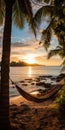 Romantic photo of hammock against the backdrop of a sunset on the ocean. Generative AI