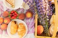 Romantic picnic for a couple. Basket with flowers, wine, peaches, sandwiches on the tablecloth on a Sunny day, top view Royalty Free Stock Photo