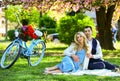 Romantic picnic. Couple cuddling on blanket. Happy together. Anniversary concept. My darling. Idyllic moment. Man and Royalty Free Stock Photo
