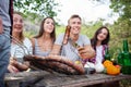 Happy friends in the park having picnic on a sunny day. Group of adult people having fun on a summer picnic. Royalty Free Stock Photo