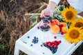 Romantic picnic in nature. Two glasses of red wine, berries and fruits on a white table with a bouquet of sunflowers Royalty Free Stock Photo