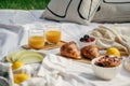 Romantic picnic with orange drink and fresh croissants at sunny day Royalty Free Stock Photo