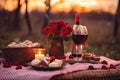 Romantic Picnic Scene with Delicious Food, Wine, and Valentine\'s Day Decorations