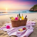 romantic picnic at sea beach with a glass of