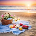 romantic picnic at sea beach with a glass of