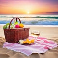 romantic picnic at sea beach with a glass of