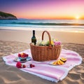 romantic picnic at sea beach with a glass of