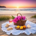 romantic picnic at sea beach with a glass of