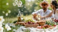 Romantic picnic setting couple relaxing on blanket with gourmet food and fresh fruits