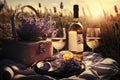 Romantic picnic with wine on a lavender field. Created with Generative AI technology