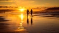 Romantic silhouette of a couple on the sand of a sunset beach with surf and sun Royalty Free Stock Photo