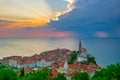 Romantic picturesque sunset over old town of Piran, Slovenia