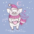 Romantic pig with a heart, wearing a winter hat and a scarf waiting for someone else under the snow.