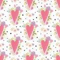 Romantic pink hearts pattern decorated cute flowers. Valentines Day love seamless background