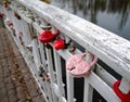 Romantic pink memory door-lock on a bridge